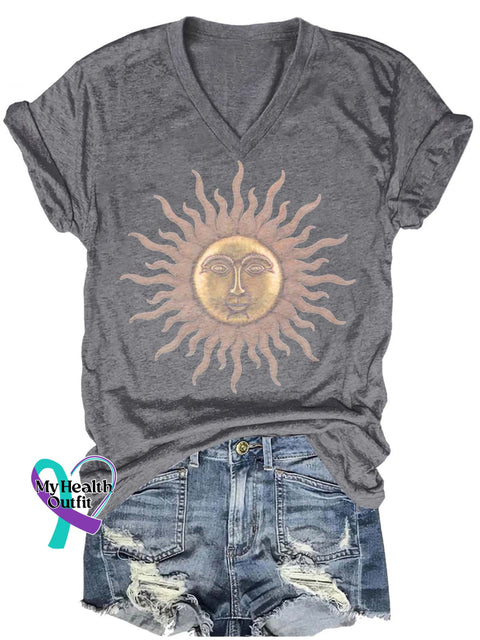 Sun God Pattern Art Print Casual T-Shirt Grey / S