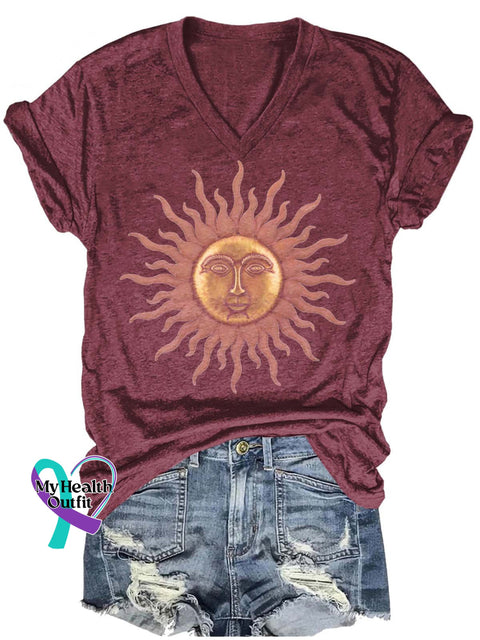 Sun God Pattern Art Print Casual T-Shirt Maroon / S