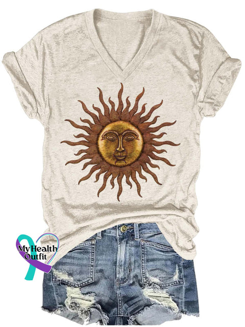 Sun God Pattern Art Print Casual T-Shirt Sand / S