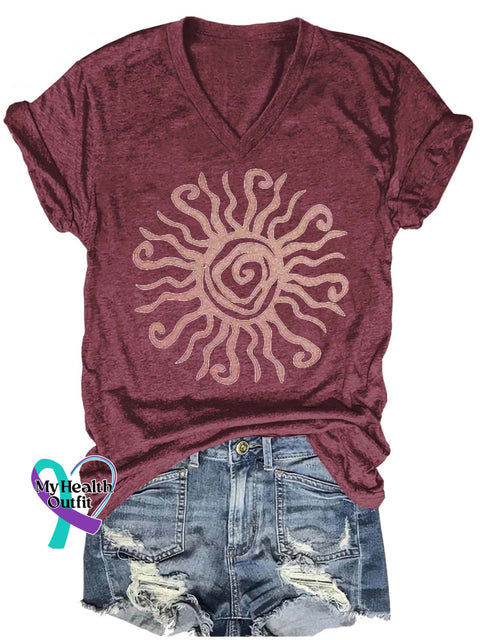 Sun Pattern Art Print Casual T-Shirt Maroon / S