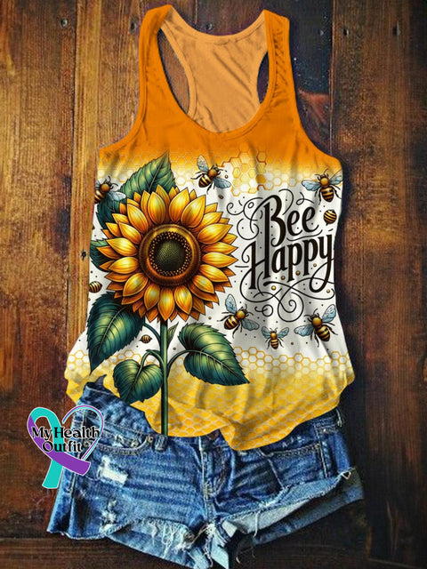 Sunflower Bee ‘Bee Happy’ Print Casual Tank Top Multicolor / S