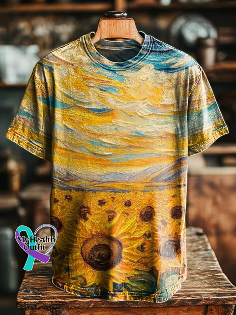Sunflower Landscape Print Casual Round Neck Short Sleeve T-Shirt Multicolor / S
