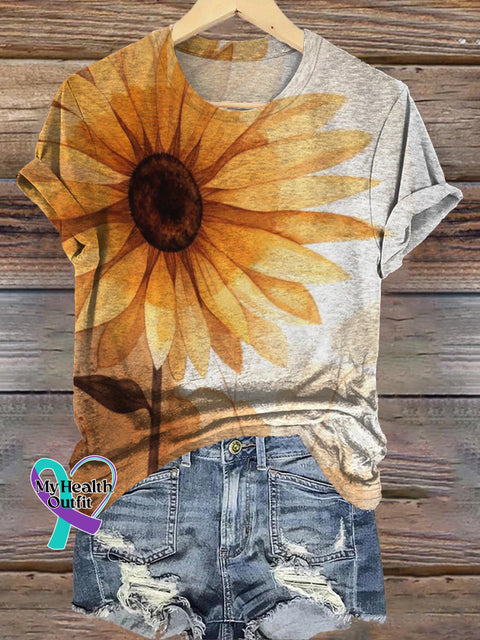 Sunflower Print Casual Round Neck Short Sleeve T-Shirt Multicolor / S