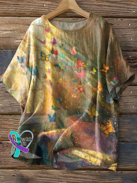 Sunny Butterfly Spirit Cure Printed Casual Cotton Linen Shirt Multicolor / S