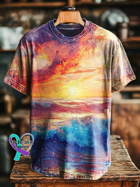 Sunset Wave Print Casual Crew Neck Short Sleeve T-Shirt Multicolor / S