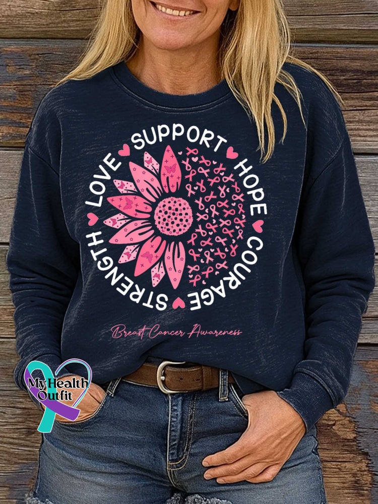 SUPPORT HOPE COURAGE STRENGTH LOVE Breast Cancer Awareness Print Casual Sweatshirt Blue / S