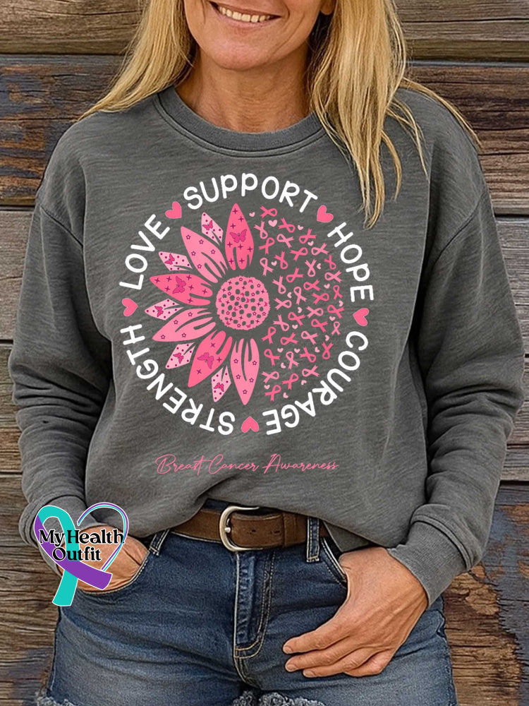 SUPPORT HOPE COURAGE STRENGTH LOVE Breast Cancer Awareness Print Casual Sweatshirt Grey / S