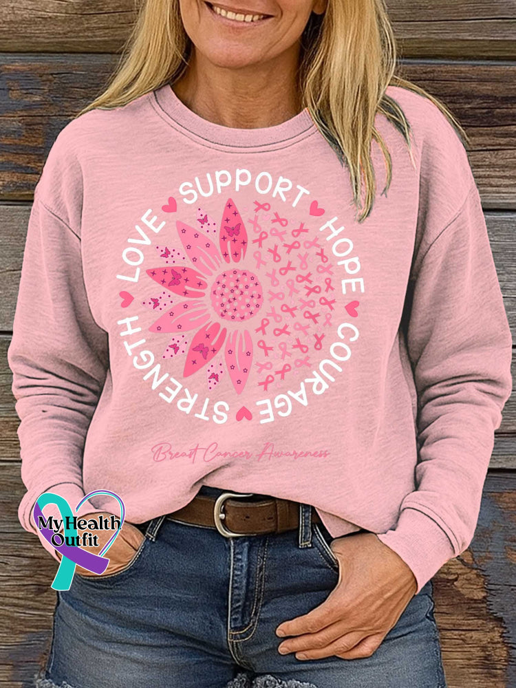 SUPPORT HOPE COURAGE STRENGTH LOVE Breast Cancer Awareness Print Casual Sweatshirt LightPink / S