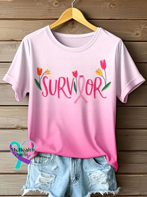 Survivor Breast Cancer Awareness Art Print Casual T-shirt Pink / S
