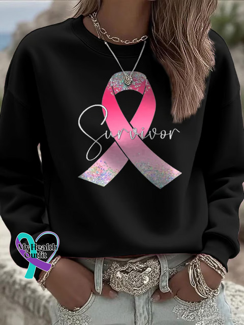 Survivor Pink Ribbon Breast Cancer Awareness Print Casual Sweatshirt Black / S
