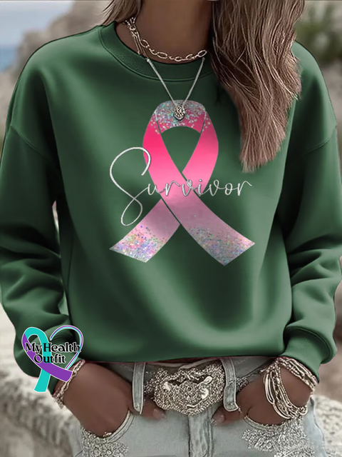 Survivor Pink Ribbon Breast Cancer Awareness Print Casual Sweatshirt Green / S