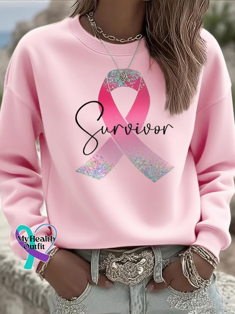 Survivor Pink Ribbon Breast Cancer Awareness Print Casual Sweatshirt LightPink / S