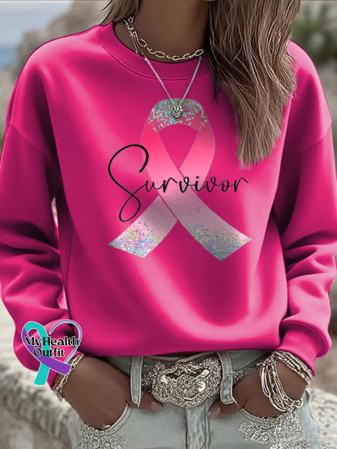 Survivor Pink Ribbon Breast Cancer Awareness Print Casual Sweatshirt Pink / S