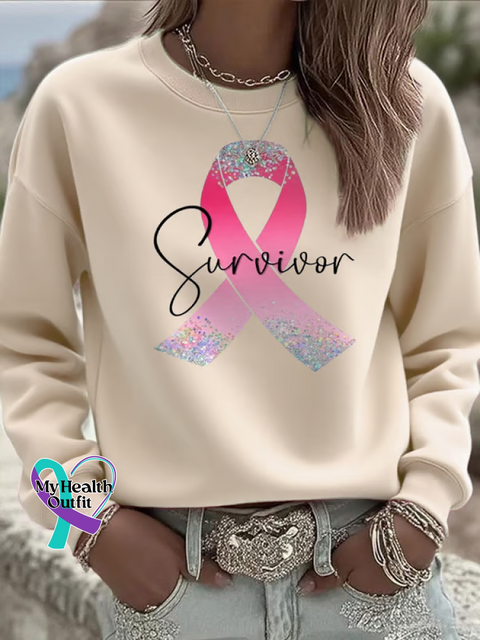Survivor Pink Ribbon Breast Cancer Awareness Print Casual Sweatshirt Sand / S