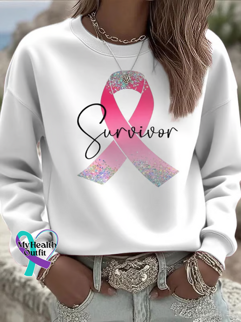 Survivor Pink Ribbon Breast Cancer Awareness Print Casual Sweatshirt White / S
