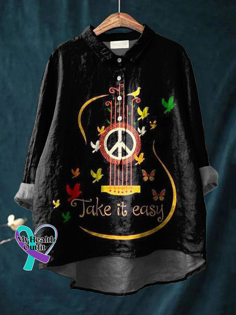 Take It Easy Art Print V-Neck Casual T-Shirt Cotton And Linen Shirt / S