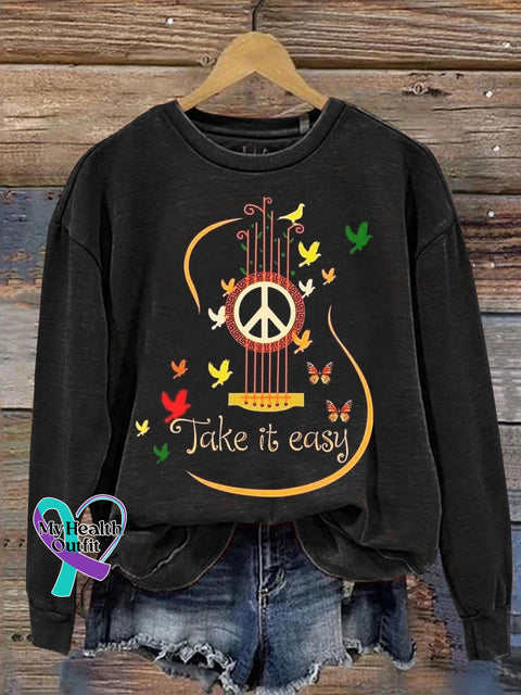 Take It Easy Art Print V-Neck Casual T-Shirt Sweatshirt / S