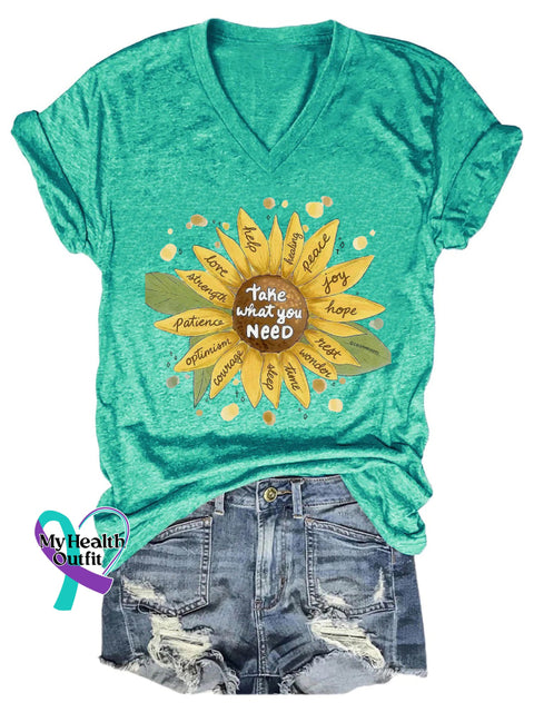Take What You Need Love Hope Joy Peace Sunflower Print Casual V-Neck Short Sleeve T-Shirt Cyan / S