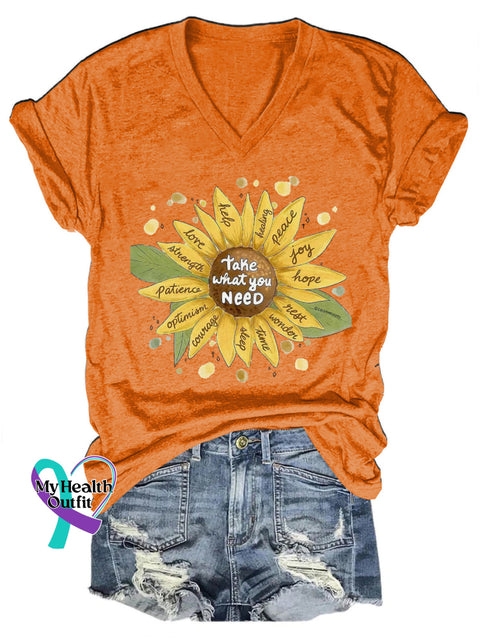 Take What You Need Love Hope Joy Peace Sunflower Print Casual V-Neck Short Sleeve T-Shirt Orange / S