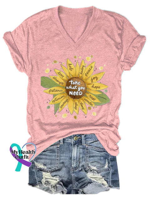Take What You Need Love Hope Joy Peace Sunflower Print Casual V-Neck Short Sleeve T-Shirt Pink / S