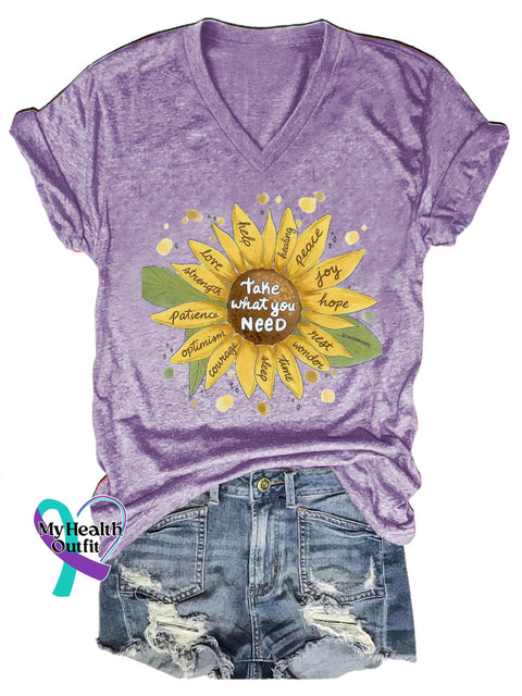 Take What You Need Love Hope Joy Peace Sunflower Print Casual V-Neck Short Sleeve T-Shirt Purple / S