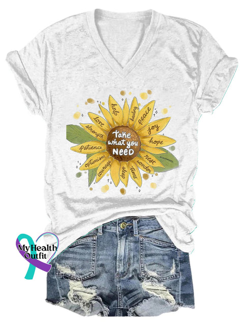 Take What You Need Love Hope Joy Peace Sunflower Print Casual V-Neck Short Sleeve T-Shirt White / S