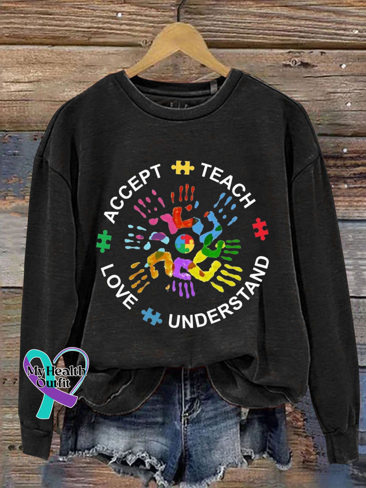 Teach Accept Understand Love Autism Awareness Art Print Pattern Casual Sweatshirt Black / S