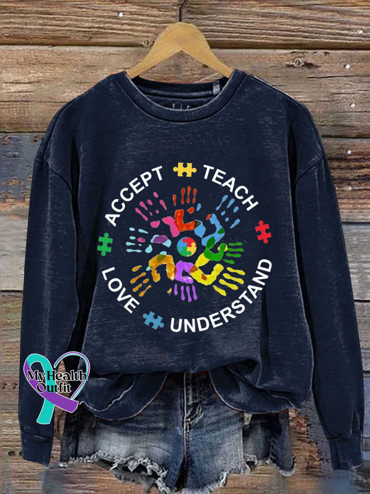 Teach Accept Understand Love Autism Awareness Art Print Pattern Casual Sweatshirt Navy / S