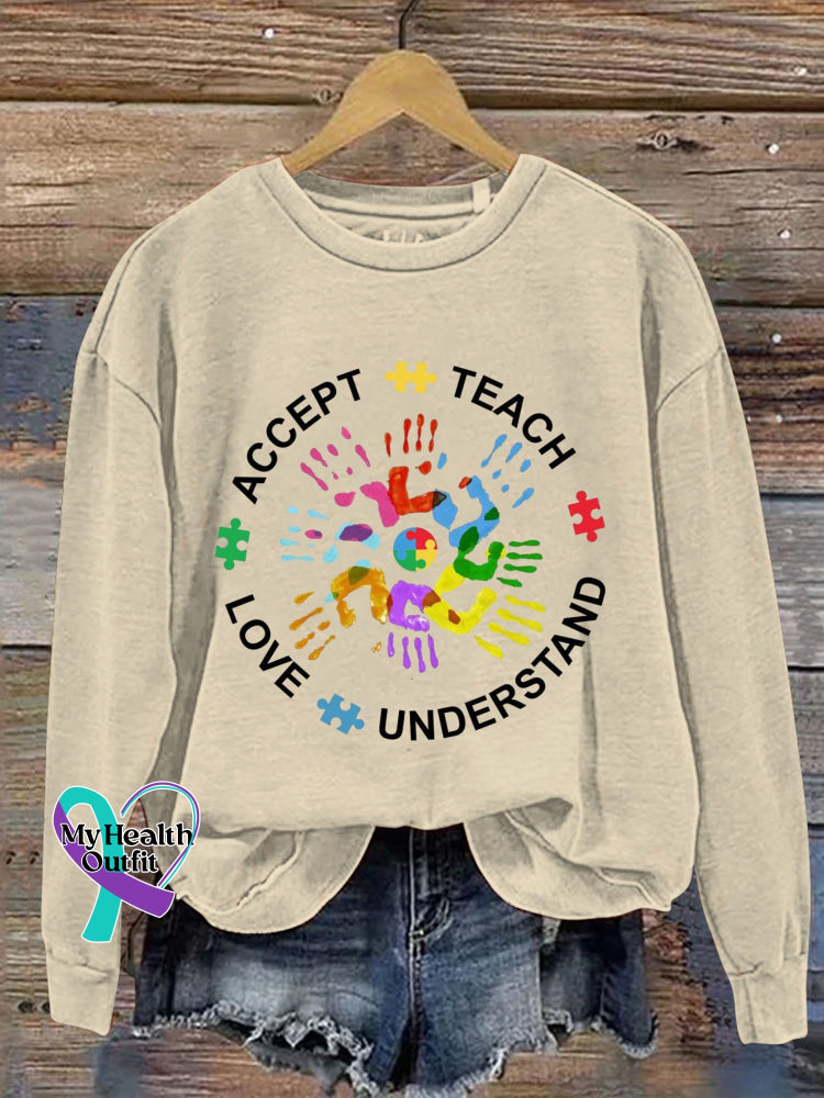 Teach Accept Understand Love Autism Awareness Art Print Pattern Casual Sweatshirt Sand / S