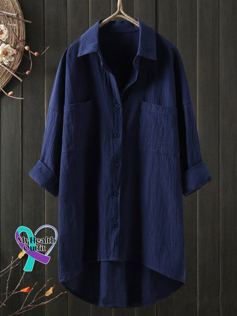 Temperament Solid Color Cotton And Linen Shirt Loose Top Blue / S