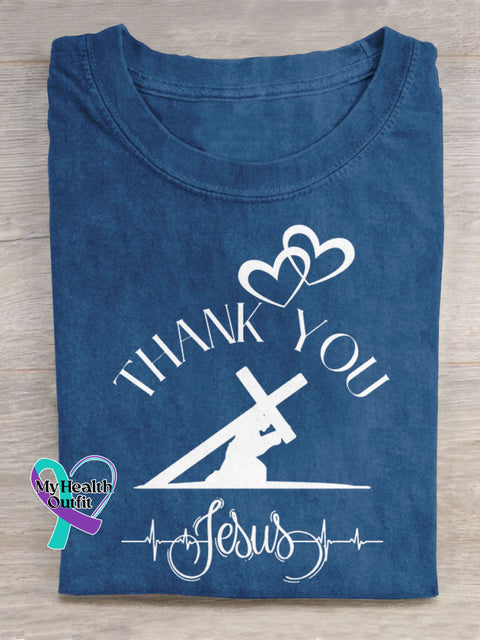 Thank You Jesus Art Print Casual Cotton T-shirt Blue / S
