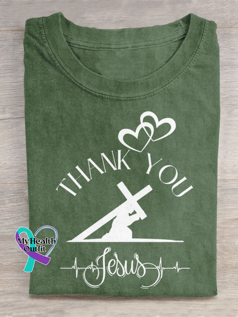 Thank You Jesus Art Print Casual Cotton T-shirt Green / S