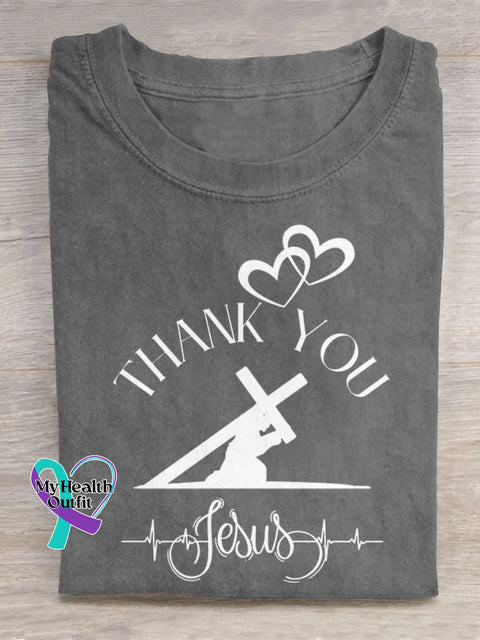 Thank You Jesus Art Print Casual Cotton T-shirt Grey / S