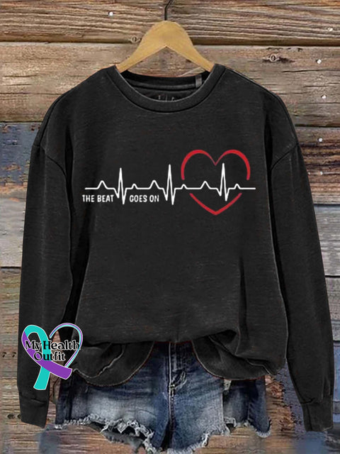 The Beat Goes On Heart Disease Awareness Art Print Pattern Casual Sweatshirt Black / S