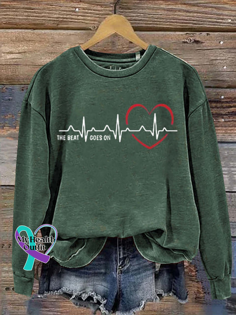 The Beat Goes On Heart Disease Awareness Art Print Pattern Casual Sweatshirt Green / S