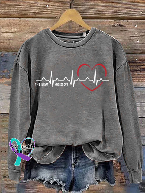 The Beat Goes On Heart Disease Awareness Art Print Pattern Casual Sweatshirt Grey / S