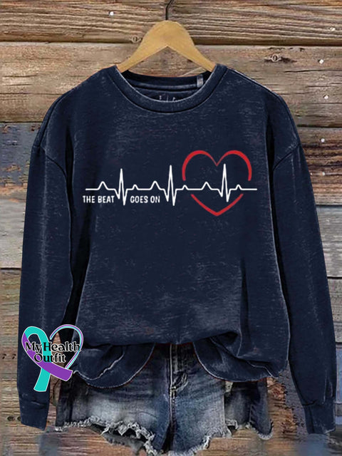 The Beat Goes On Heart Disease Awareness Art Print Pattern Casual Sweatshirt Navy / S
