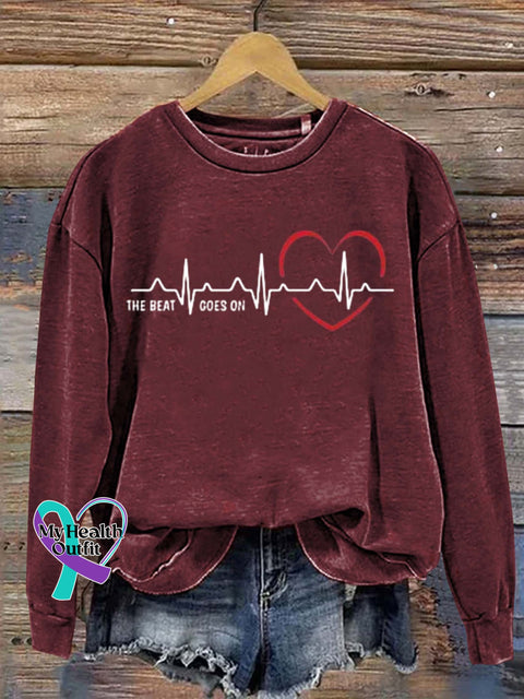 The Beat Goes On Heart Disease Awareness Art Print Pattern Casual Sweatshirt Red / S