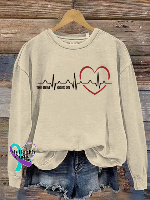 The Beat Goes On Heart Disease Awareness Art Print Pattern Casual Sweatshirt Sand / S