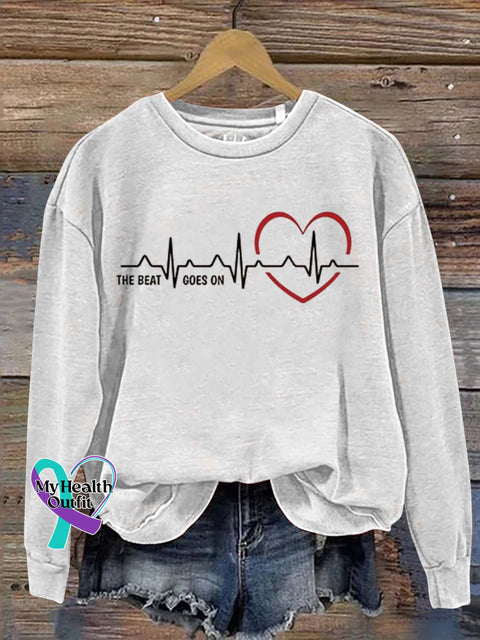 The Beat Goes On Heart Disease Awareness Art Print Pattern Casual Sweatshirt White / S