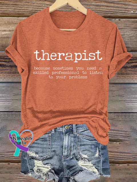 Therapist Mental Health Month Printed Casual Crew Neck Short Sleeve T-Shirt Orange / S