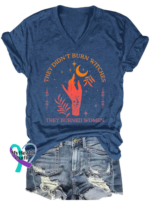 They Didn’t Burn Witches Burned Women Print Casual T-Shirt Navy Blue / S