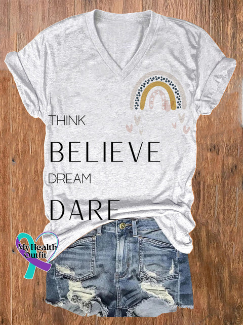 Think Believe Dream Dare Rainbow Positive Print Casual V-Neck Short Sleeve T-Shirt Multicolor / S