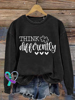 Think Differently Autism Awareness Art Print Pattern Casual Sweatshirt Black / S