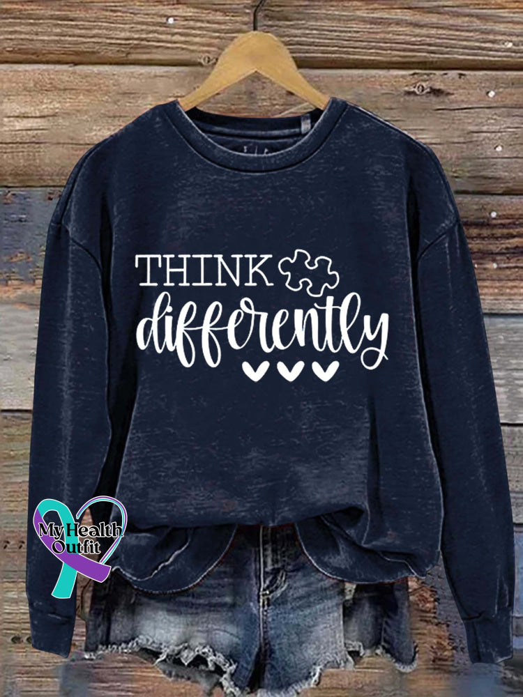 Think Differently Autism Awareness Art Print Pattern Casual Sweatshirt Navy / S