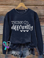 Think Differently Autism Awareness Art Print Pattern Casual Sweatshirt Navy / S