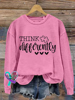 Think Differently Autism Awareness Art Print Pattern Casual Sweatshirt Pink / S