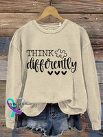Think Differently Autism Awareness Art Print Pattern Casual Sweatshirt Sand / S