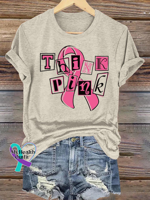 Think Pink Breast Cancer Awareness Printed Casual Crew Neck Short Sleeve T-Shirt Beige / S