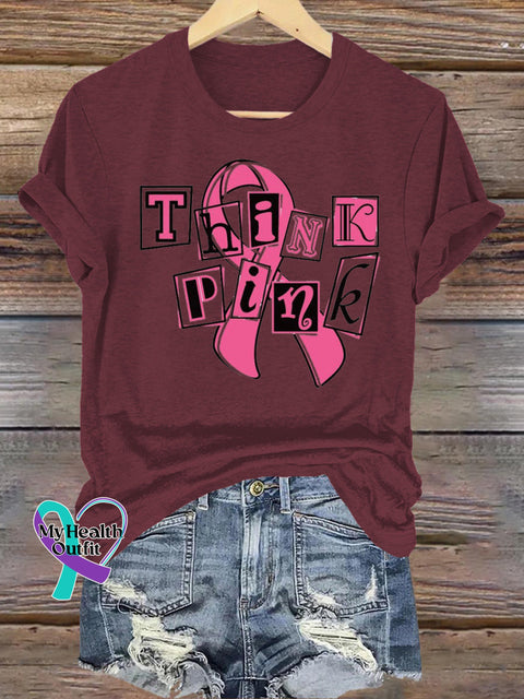 Think Pink Breast Cancer Awareness Printed Casual Crew Neck Short Sleeve T-Shirt Brown / S